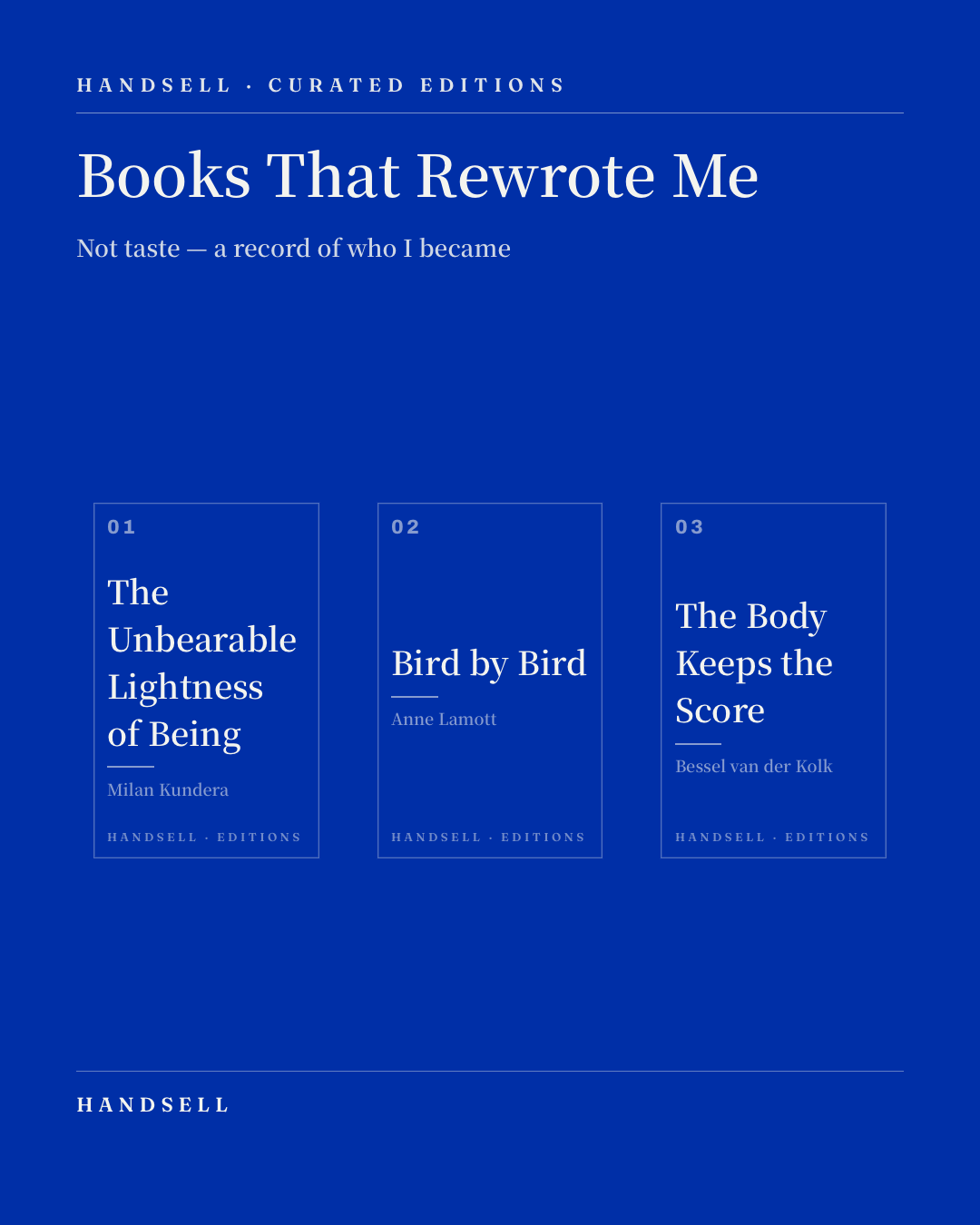 A Handsell board in the Klein look — three book covers set in International Klein Blue with a serif HANDSELL wordmark, like a Fitzcarraldo edition.