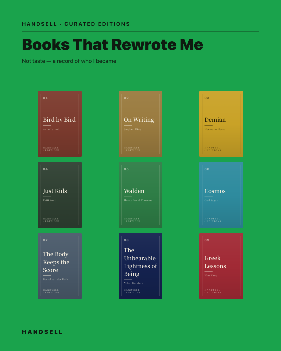 Handsell — the Marber · By Colour look. After Romek Marber’s Penguin Crime grid — your covers auto-sorted into a spectrum that reads as pure taste.