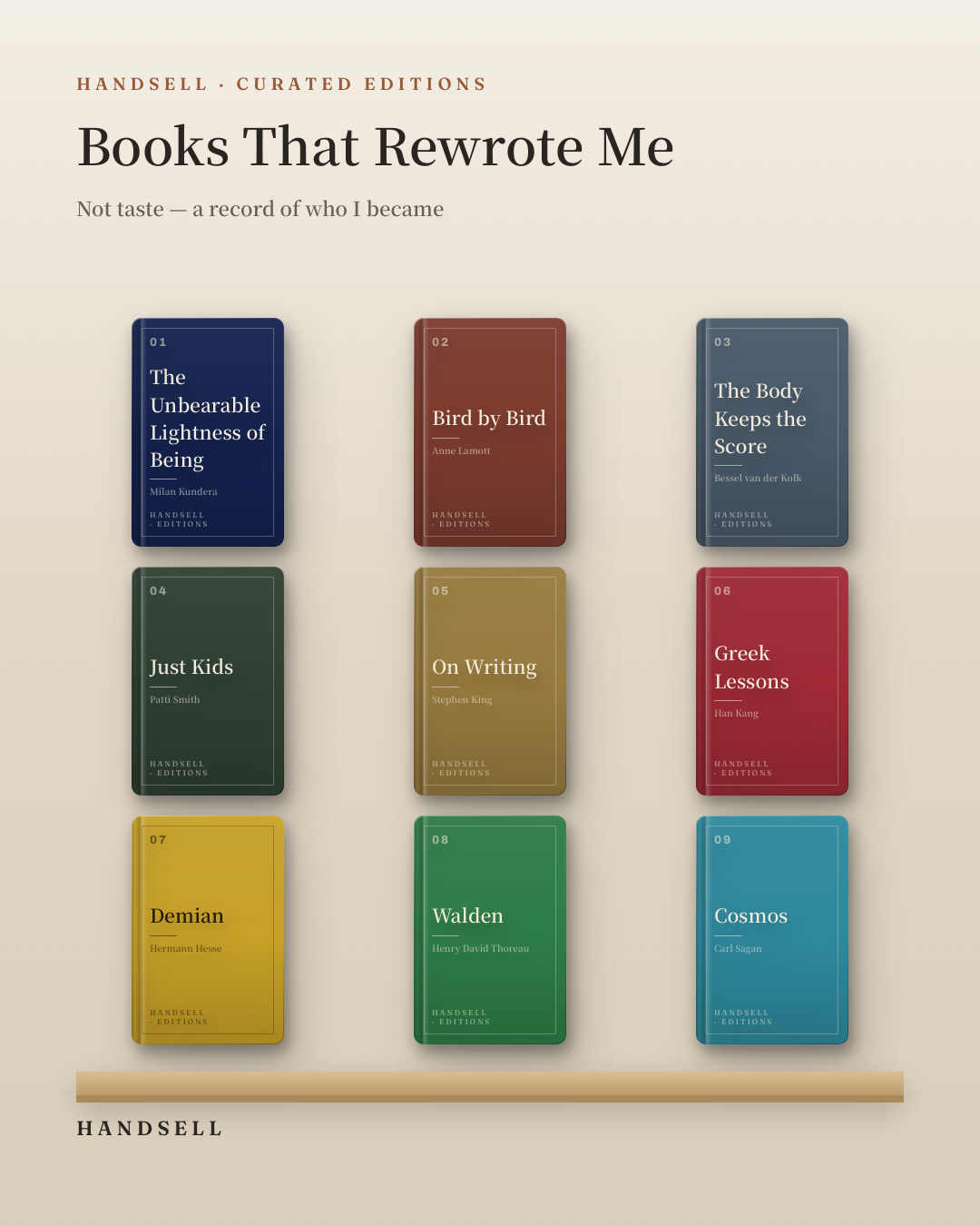 Handsell — the Real Shelf look. Faced hardcovers with real spines and board edges — your shelf, rebuilt as an Apple-Books-grade still life.